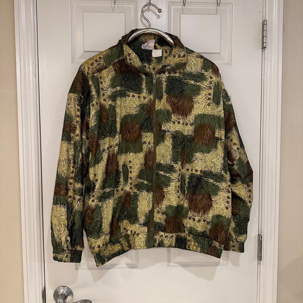 Kaktus Vintage Abstract Earth Tone Textured Full Zip Bomber Jacket L/XL
